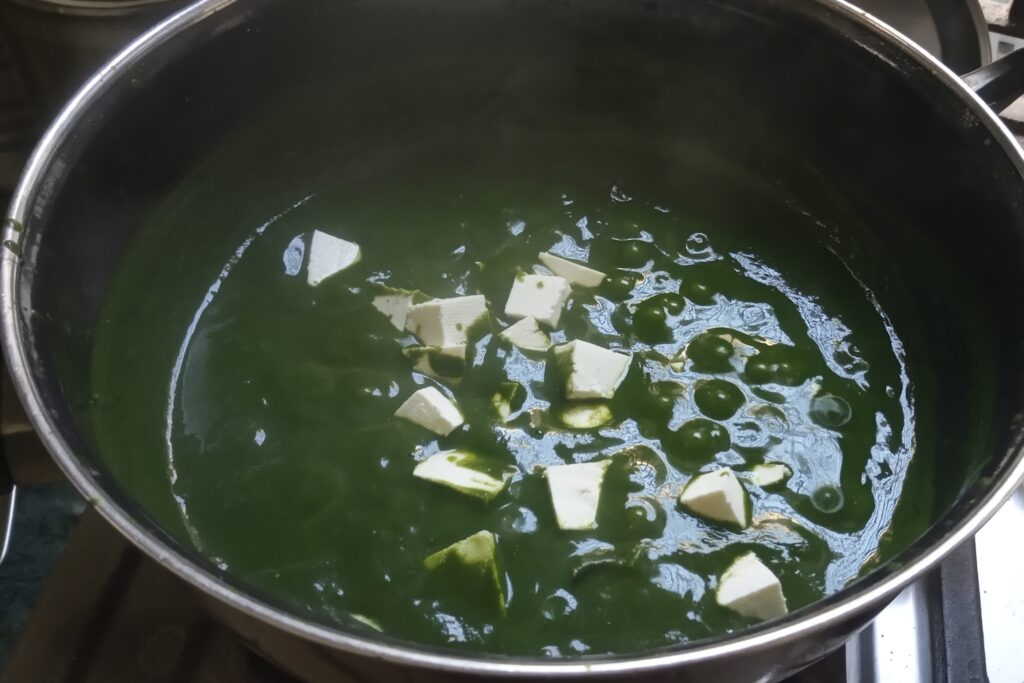 Paneer cubes added to the spinach curry