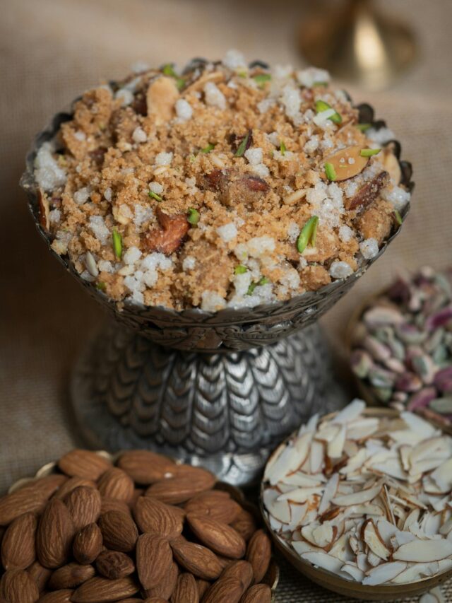 Close up shot of panjiri recipe with nuts