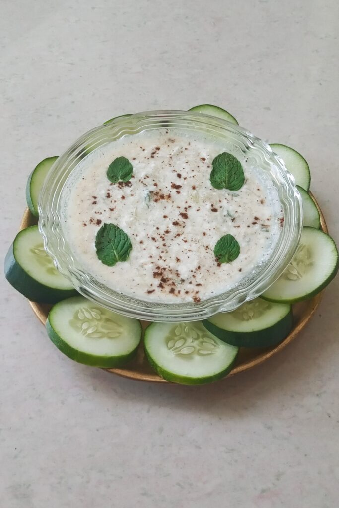 chilled cucumber raita recipe served as a side dish