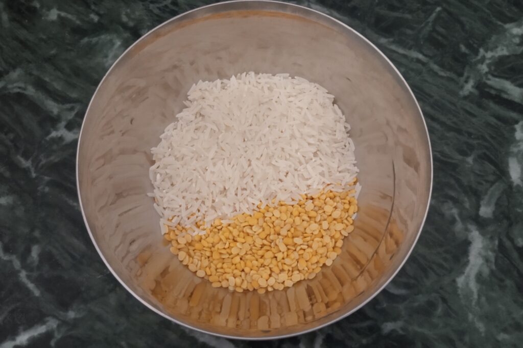 rice and moong dal in a bowl