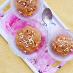 top shot of wheat halwa recipe served in three bowls with a spoon