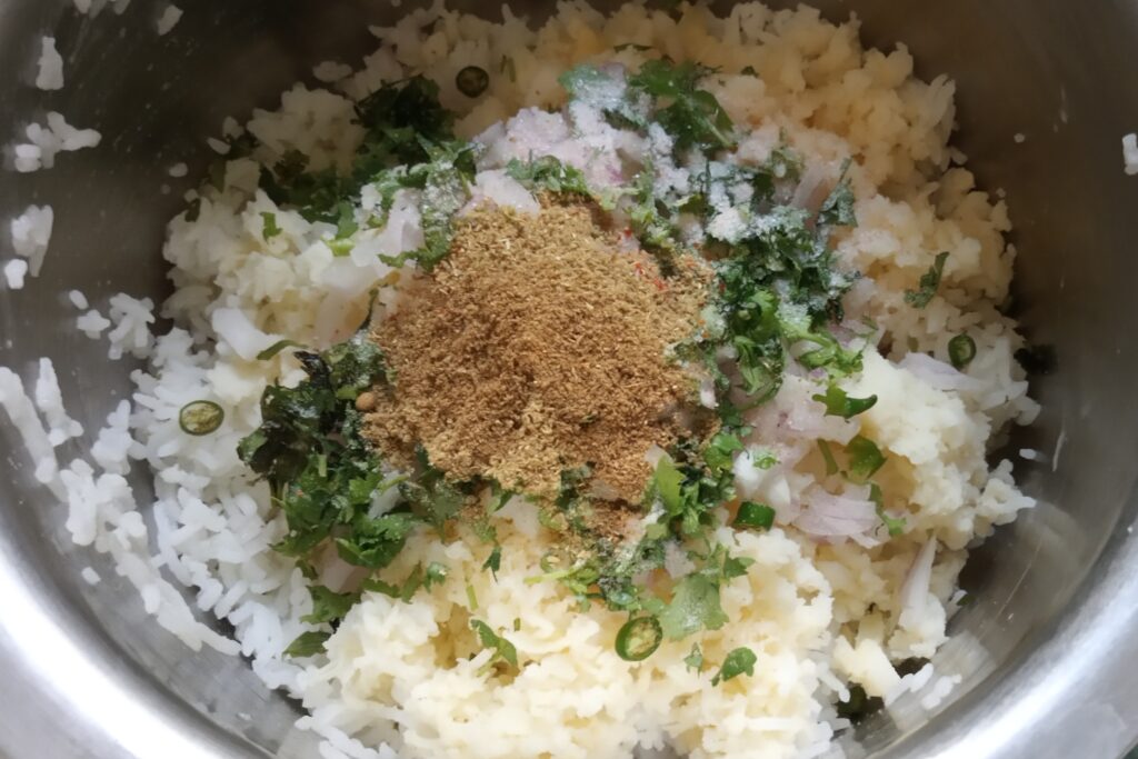 adding spices to rice and mashed potatoes