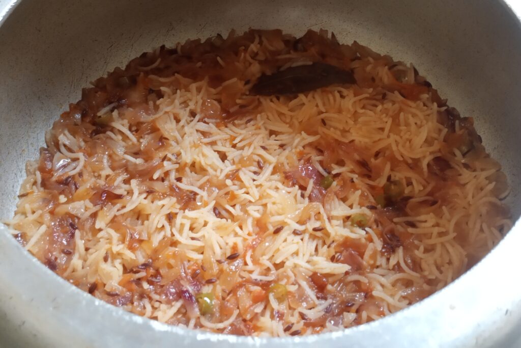 the onion pulao is cooked
