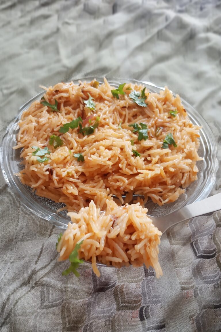 close up shot of onion pulao recipe