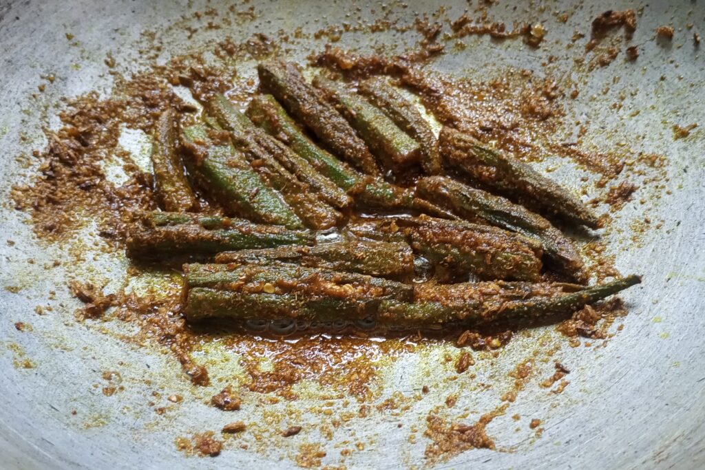 the homemade bharwa bhindi is cooked