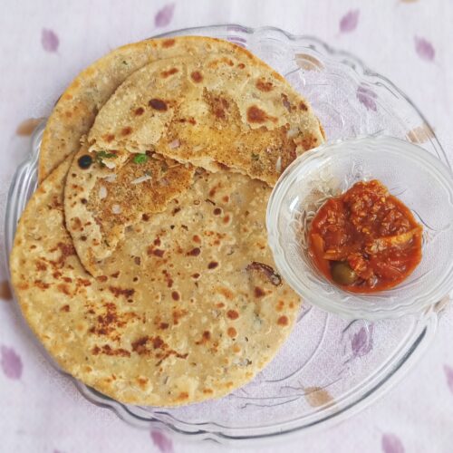 stuffed sattu paratha with mixed pickle