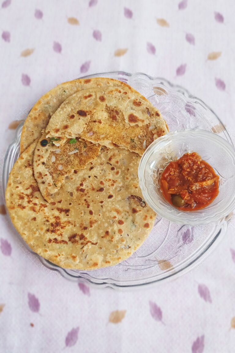 stuffed sattu paratha with mixed pickle