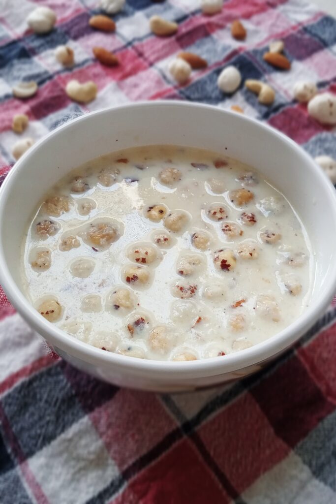 Makhana kheer served in a white bowl